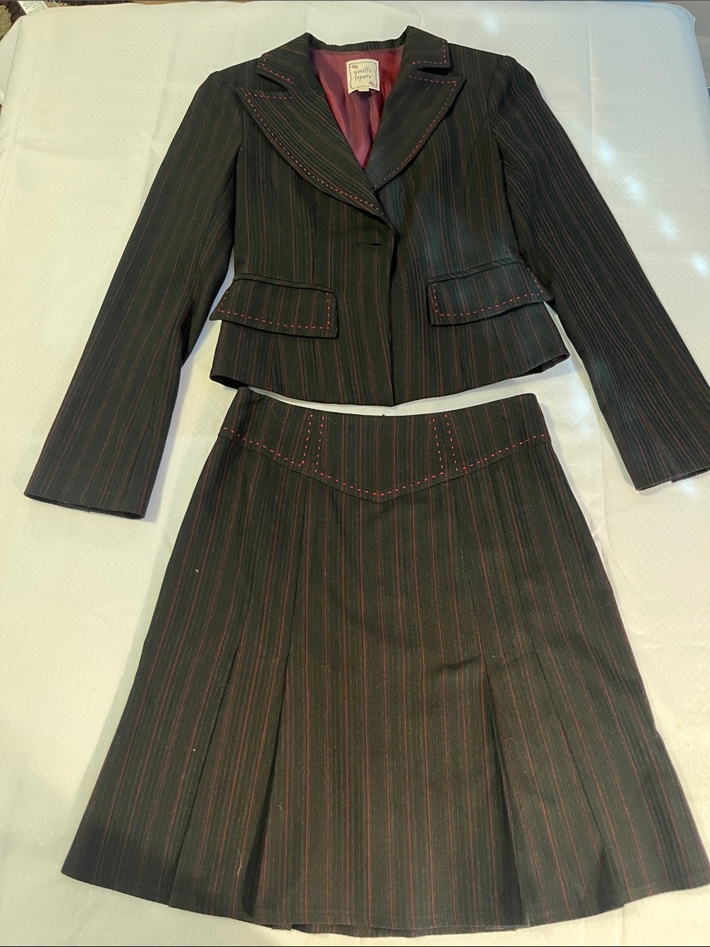 Nanette Lepore Black Pinstripe Blazer and Skirt Set with Red Accents